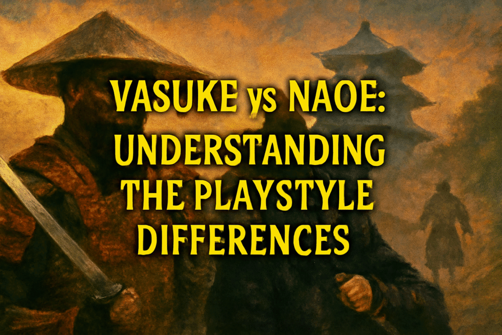 Side-by-side character showcase: Yasuke in mid-sword swing and Naoe crouched in stealth, highlighting playstyle contrast.
