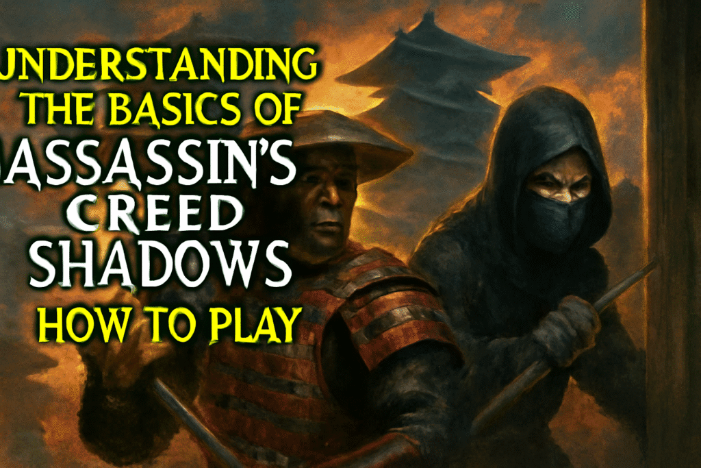 A gamer plays Assassin’s Creed Shadows on a console, with Yasuke and Naoe featured on the TV screen in a feudal Japan setting.