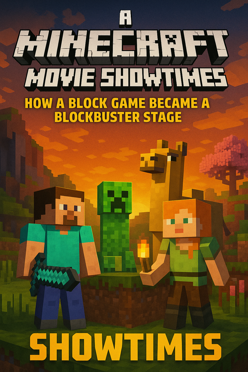Minecraft Movie Showtimes promotional banner with Steve holding sword 