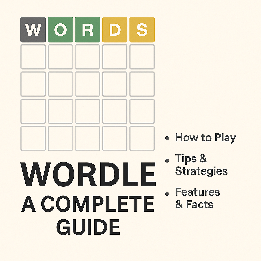 Wordle tiles spelling “WORDS” with guide topics listed. 
