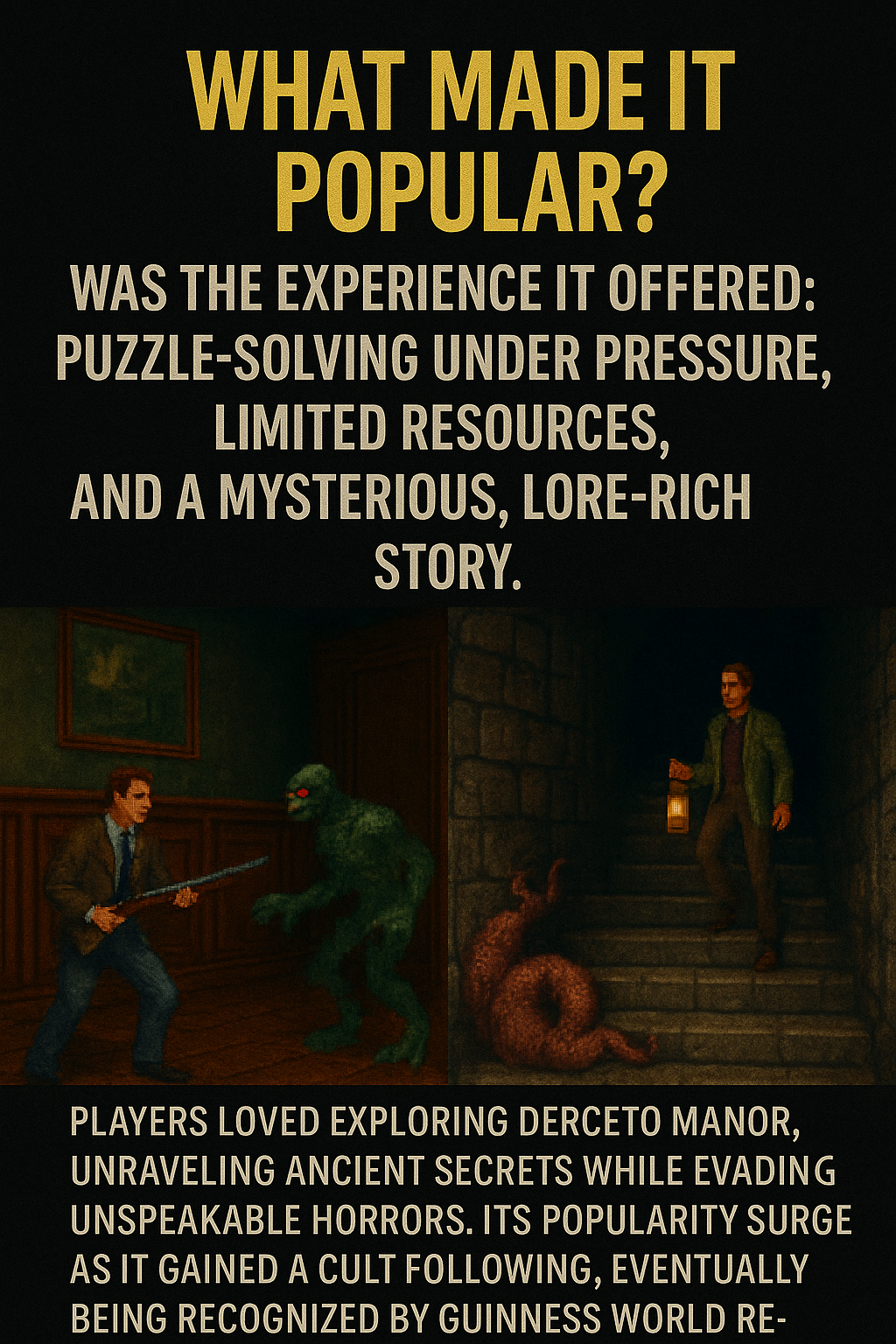 “Digital artwork showing a player exploring Derceto Manor with dim lighting, eerie shadows, and puzzle elements symbolizing the cult-classic mystery and survival gameplay.” 