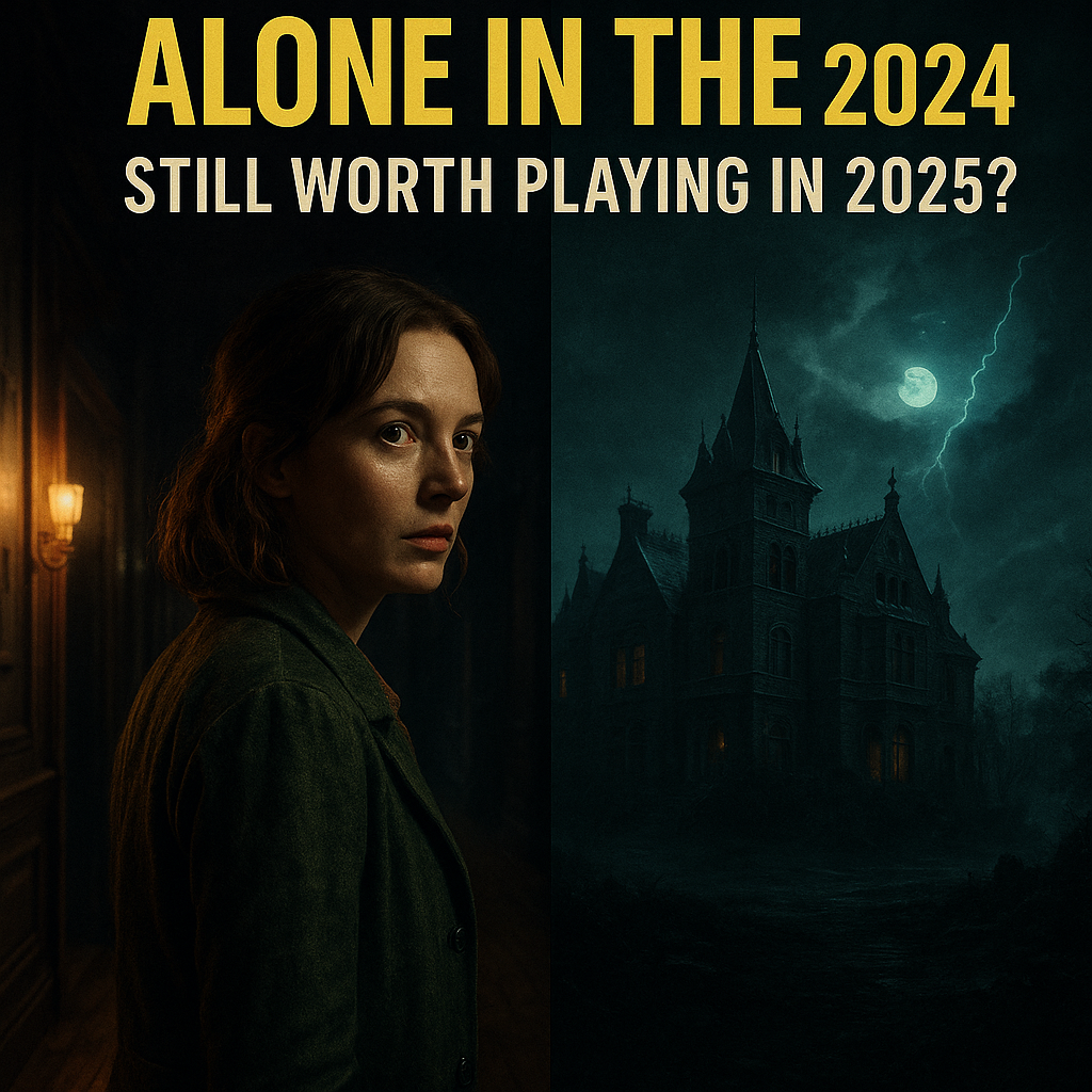 “Split-screen image of Alone in the Dark from 1992 and 2024, showing the evolution of horror graphics from pixelated 3D to modern cinematic realism with stormy atmosphere.” 