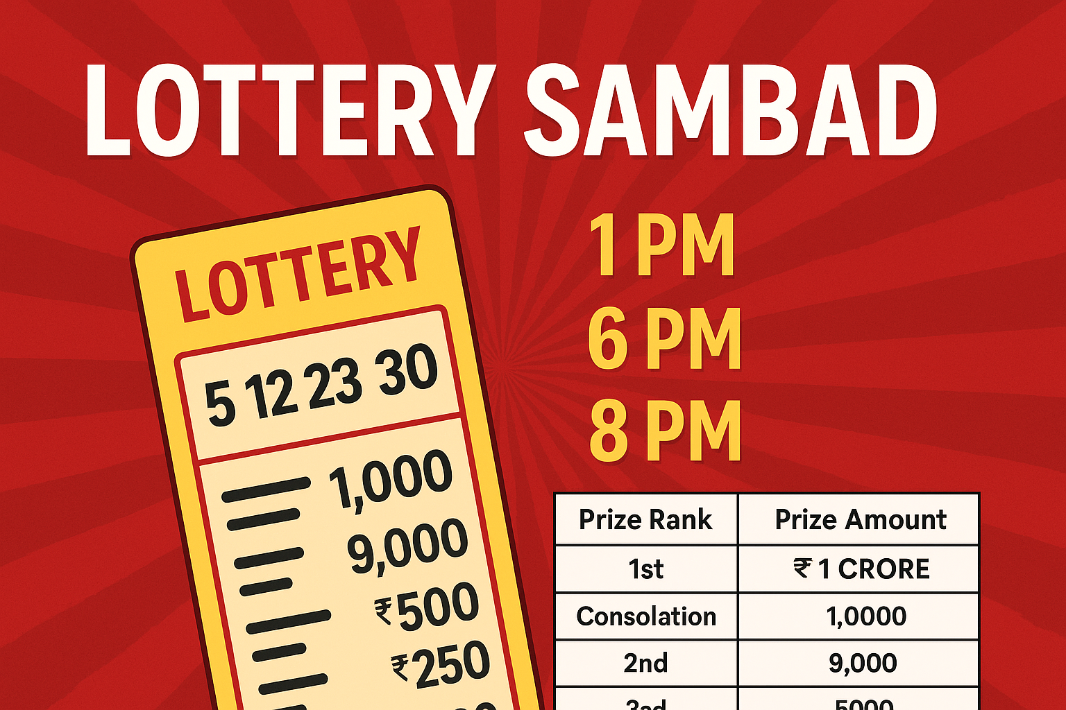 Digital graphic showing Lottery Sambad draw times, prize amounts, and ticket details. 