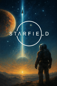 "Space combat scene with starship firing weapons in Starfield"