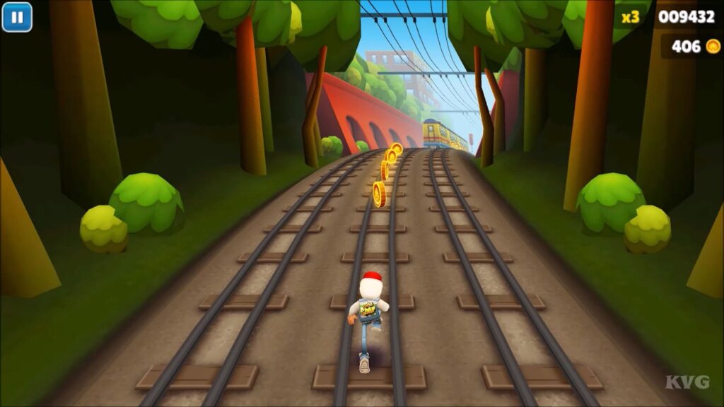 Subway Surfers character running on top of trains collecting coins