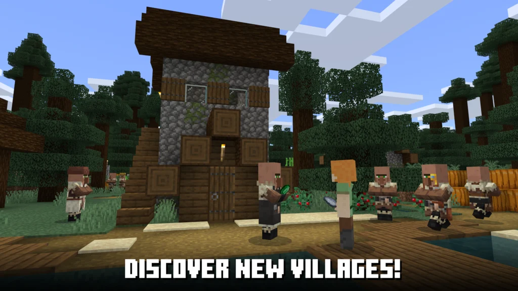 Blocky Minecraft village with character Steve posing heroically 