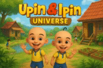 Colorful digital artwork of Upin & Ipin Universe featuring Malaysian village life, kids exploring kampung scenes, traditional houses, and vibrant open-world gameplay visuals, inspired by the animated series.