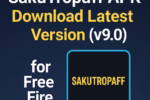 Promotional image for SakuTropaff APK v9.0 featuring bold text 'Download Latest Version for Free Fire' with a dark blue background and SakuTropaff logo in a bordered box.