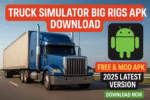 Realistic big rig truck driving through scenic highway in Truck Simulator Big Rigs, hauling heavy cargo with detailed environment and dynamic weather, offering immersive truck driving experience for simulation game fans.