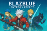 BlazBlue Entropy Effect characters Ragna Jin Noel in futuristic anime art style promotional banner