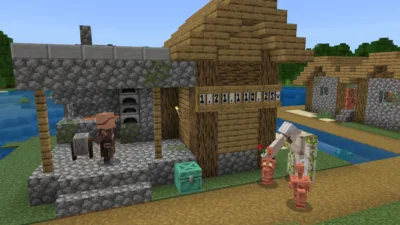Minecraft Bedrock 1.21.110.25 update with Copper Golem copper torch lantern and bookshelf in grassy world