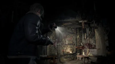 Resident Evil 4 Remake system requirements PC — atmospheric horror scene with Leon aiming pistol