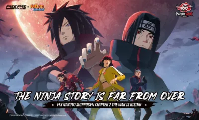 Free Fire MAX x Naruto collaboration poster featuring Naruto Sasuke and Madara in battle