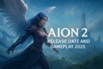 Screenshot of Aion 2 MMORPG showing two factions, Elyos and Asmodians, in a vast fantasy world with detailed characters, magical effects, and dynamic environment.