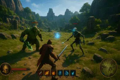 Ares: Rise of Guardians Latst version Warrior battling orc and skeleton in open valley.