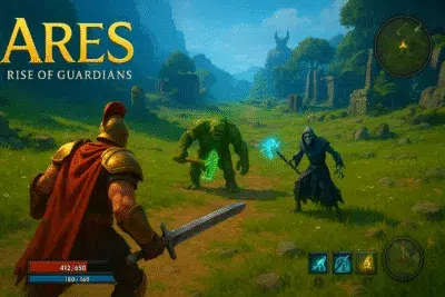 Gladiator fighting orc and dark mage in grassy ruins.